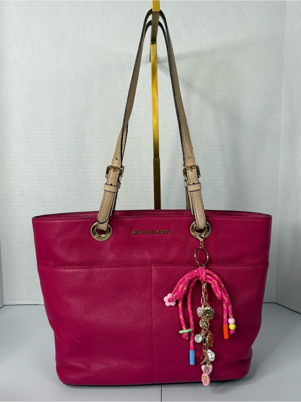 Michael Kors Hot Pink Bedford top-zip Tote Pebbled Leather with Beige Straps
